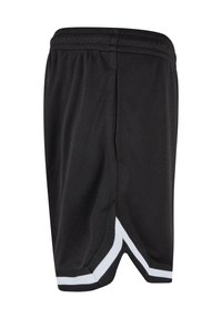 Shorts de sport noirs en tissu maillé respirant, dotés d'une ourlet unique avec des accents blancs sur les côtés et d'une taille élastique.