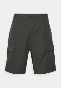 Pantaloni cargo grigio scuro realizzati in tessuto leggero, con due tasche laterali e una vita classica con chiusura a bottone.