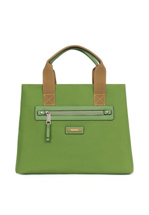 Borsa rettangolare verde con manici in tessuto color cuoio, tasca frontale con cerniera e piccola targhetta dorata con la scritta "Hexagona".