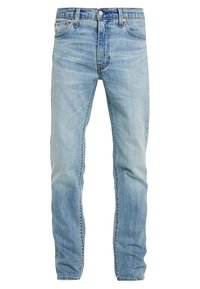 Ljusblå denimjeans med rak passform, fem fickor, knäppning med knapp och subtila slitage på låren och knäna.