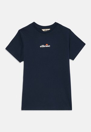 T-shirt bleu marine à manches courtes avec logo ellesse blanc et orange centré sur la poitrine.