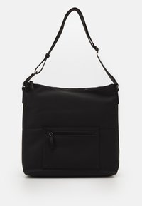 Borsa a spalla nera con tracolla regolabile, scomparto principale con zip e tasca frontale con zip su uno sfondo bianco semplice.