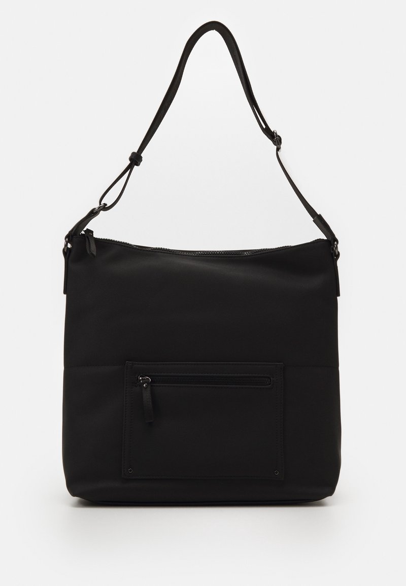 Borsa a spalla nera con tracolla regolabile, scomparto principale con zip e tasca frontale con zip su uno sfondo bianco semplice.