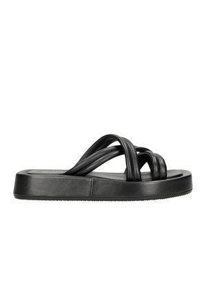 Black leather slide sandal with three intertwined straps, flat sole, and textured rubber bottom. Simple, minimalistic design.