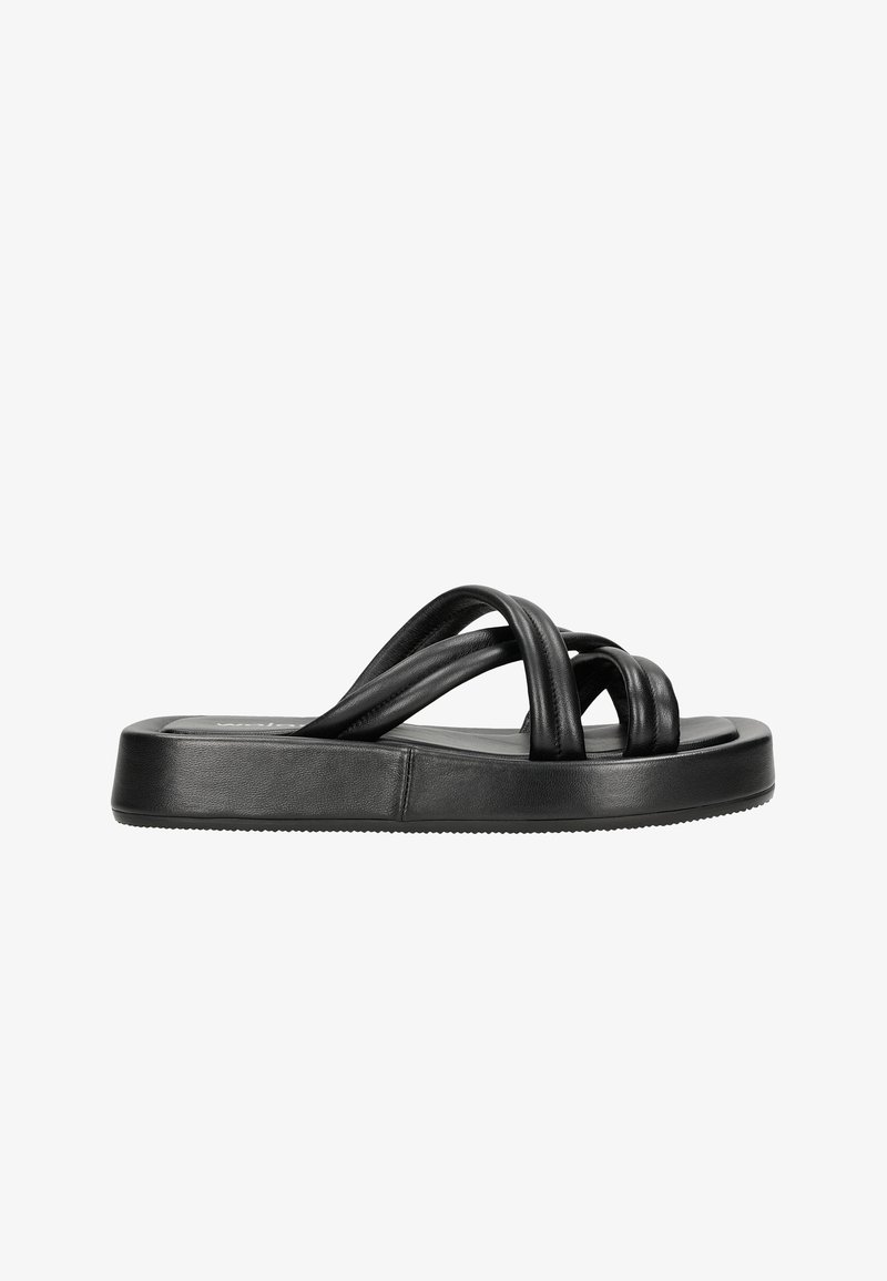 Sandale slide en cuir noir avec trois brides entrelacées, semelle plate et semelle inférieure en caoutchouc texturé. Design simple et minimaliste.