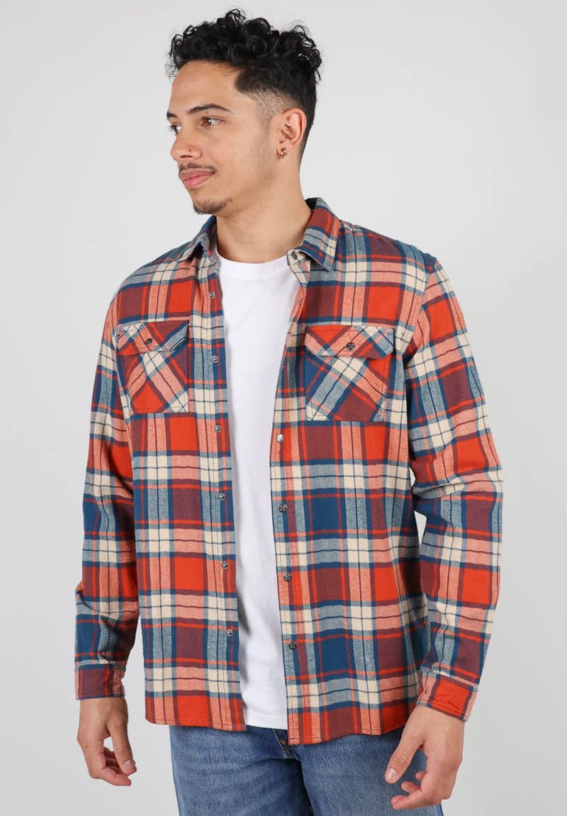 Chemise en flanelle à carreaux rouges et bleus avec un devant à boutons, deux poches poitrine et un motif à carreaux blancs contrastés ; portée sur un t-shirt blanc.