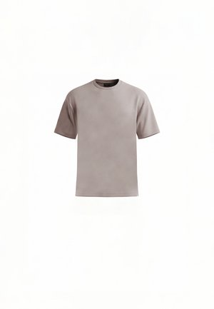 T-shirt basique à manches courtes et col rond, de couleur taupe clair unie, présenté à plat sur un fond blanc.