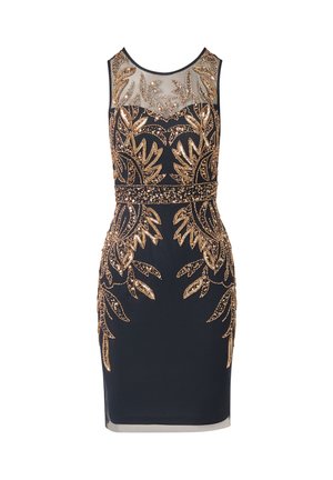 Ærmeløs sort cocktailkjole med gennemsigtig udskæring, dekoreret med gyldne palietblomster og en tætsiddende talje.
