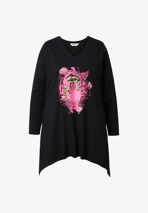 Zwarte tuniek met lange mouwen en een V-hals, met een roze en groene tijgerafdruk in het midden en een asymmetrische zoom.