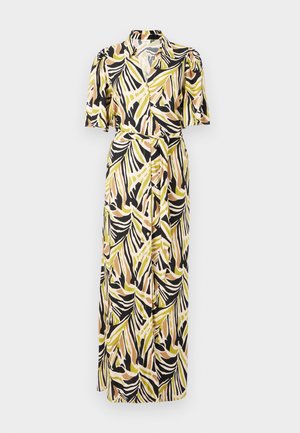 Μάξι φόρεμα με γιακά, κοντά φουσκωτά μανίκια και σχέδιο περιτυλίγματος με κίτρινες, πράσινες, μαύρες και μπεζ φυλλώδεις λεπτομέρειες.