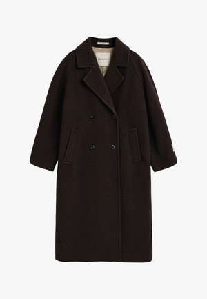 Cappotto in lana marrone con design doppiopetto, ampi revers, due tasche frontali e dettagli di cucitura sottili. Inclusi accenti in bottone.