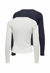 Dwie koszule z długim rękawem w kolorze białym i granatowym, wykonane z prążkowanej tkaniny, z falistym wykończeniem dołu i mankietów, posiadające pionowe paski i dopasowany krój.