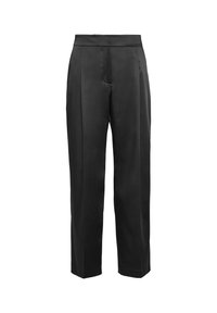 Schwarze Hose aus glattem Stoff, mit hohem Bund, geraden Beinen und ohne sichtbare Taschen oder Verzierungen.