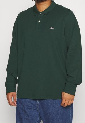 Grünes langärmliges Poloshirt aus Baumwolle mit Kragen, Knopfleiste und gesticktem Logo auf der Brust.