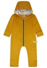Tuta in pile giallo senape con zip blu, cappuccio e fodera a motivo gufo. Presenta maniche lunghe e polsini elastici.
