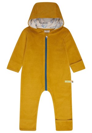 Senfgelber Fleece-Einteiler mit blauem Reißverschluss, Kapuze und Eulenmuster-Futter. Ausgestattet mit langen Ärmeln und elastischen Bündchen.