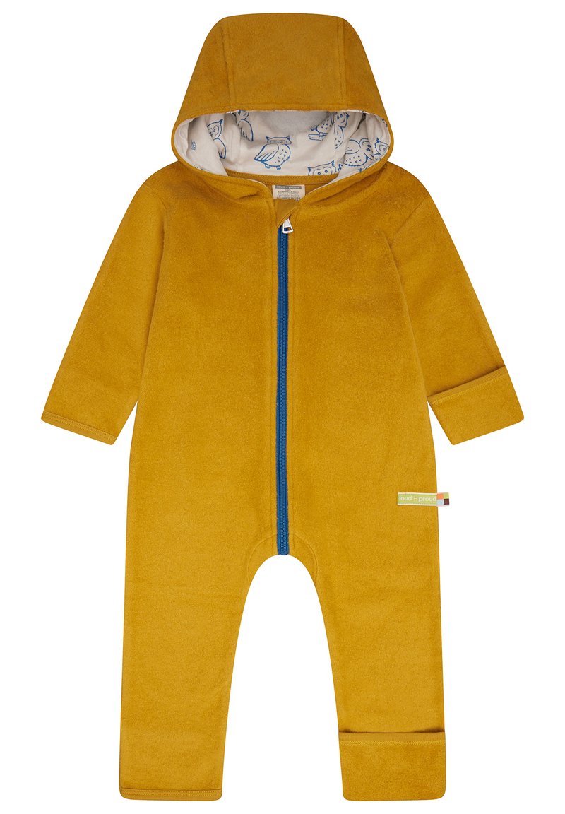 Tuta in pile giallo senape con zip blu, cappuccio e fodera a motivo gufo. Presenta maniche lunghe e polsini elastici.