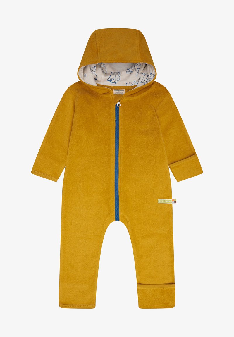 Tuta in pile giallo senape con zip blu, cappuccio e fodera a motivo gufo. Presenta maniche lunghe e polsini elastici.