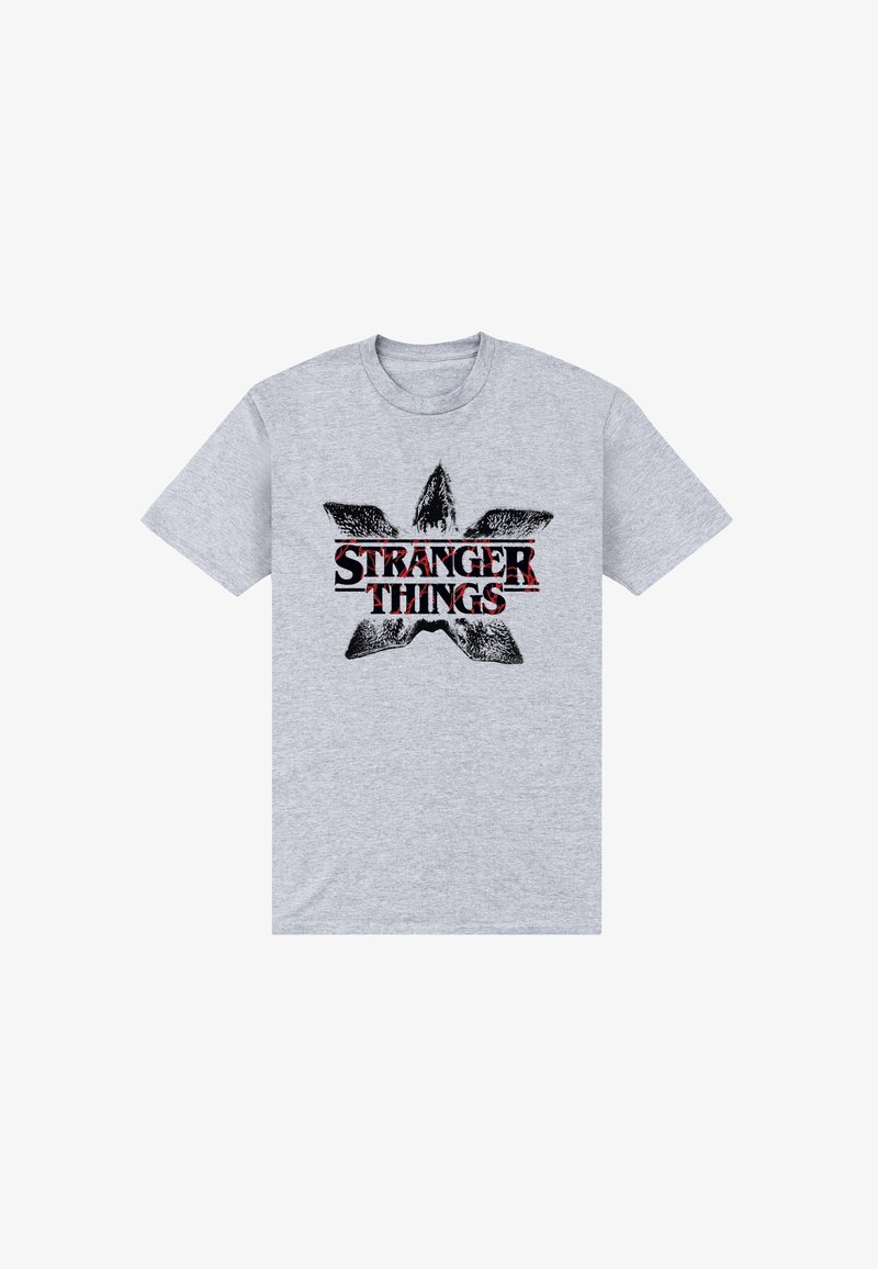 Szara bawełniana koszulka z czarno-czerwonym logo "Stranger Things" i abstrakcyjnym motywem gwiazdy. Krótkie rękawy i okrągły dekolt.