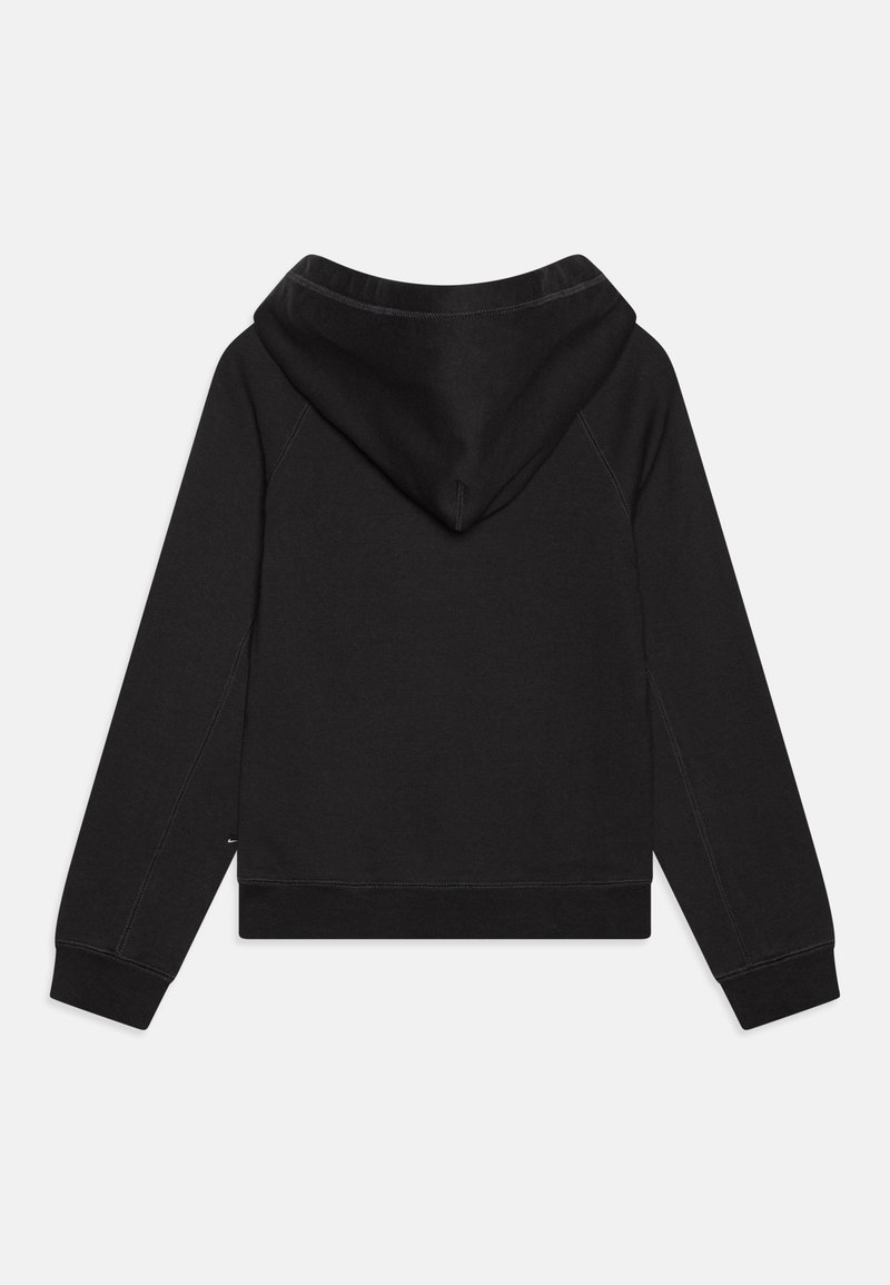 Schwarzer Kapuzenpullover mit einem cropped Design, langen Ärmeln und einem verstärkten Halsausschnitt. Mit tonalem Nähen und gerippten Bündchen.