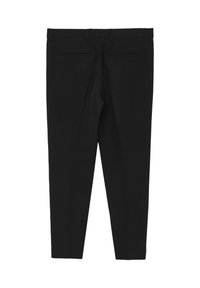 Pantaloni neri su misura con passanti per cintura e due tasche a filetto posteriori, mostrati piatti da dietro su uno sfondo bianco.