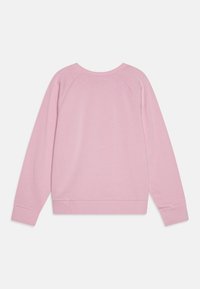 Sudadera rosa con cuello redondo, mangas raglán, puños y dobladillo acanalados, hecha de una suave tela texturizada. Vista trasera, sin gráficos.