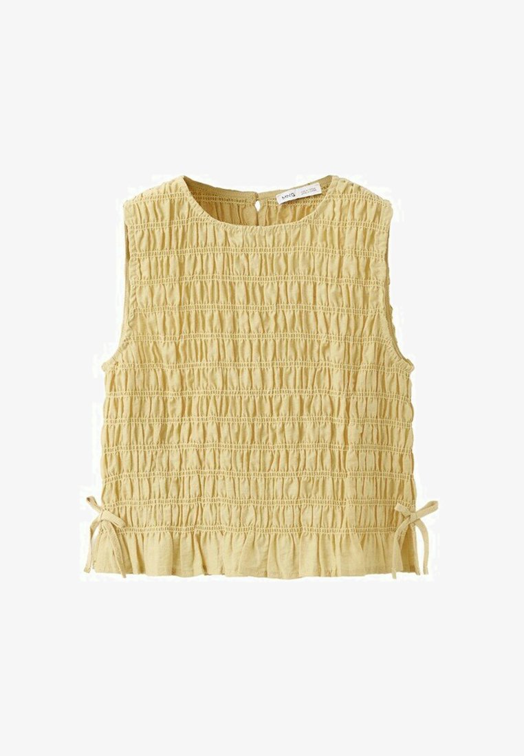 Top fără mâneci, de culoare galben deschis, cu textură și strângeri orizontale, decolteu rotund, închidere cu nasture la găicuță și detalii cu fundițe laterale la talie.