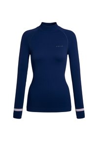 Granatowa baza warstwy z długim rękawem z wysokim kołnierzem, teksturowaną tkaniną i kontrastującymi jasnymi paskami na mankietach. Logo nadrukowane z przodu.