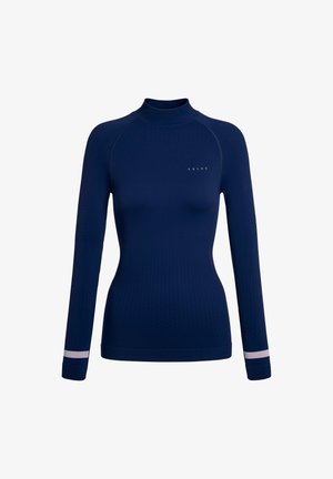 Navy long-sleeve base layer top with high collar, textured fabric, and contrasting light stripes on cuffs. Logo printed on the front.