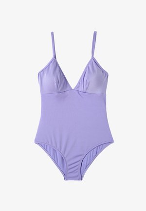 Lila badpak met een diepe V-hals, dunne bandjes en een zachte stof. Heeft geen patronen, met een schoon en minimalistisch ontwerp.