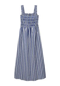 Robe rayée bleu et blanc avec un corsage smocké, des bretelles carrées et une longueur maxi fluide. Fabriquée à partir d'un tissu léger et respirant.