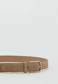 Brown suede belt with a smooth texture, featuring a silver metal buckle and multiple adjustment holes along the strap.