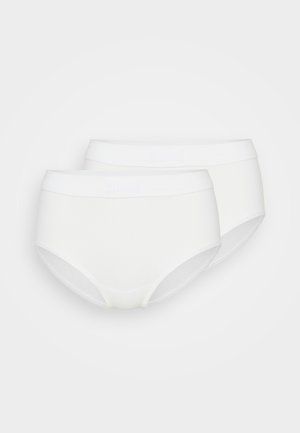 White cotton underwear, featuring a high-waisted design, elastic waistband, and smooth texture. Pack includes two pieces.