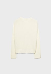 Cremefarbener gestrickter Pullover mit runden Ausschnitt, langen Ärmeln und gerippten Bündchen und Saum. Strukturiertes Material mit einem verkürzten Design.