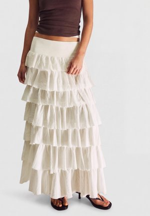 Bershka RUSTIC RUFFLED - MIDI - Jupe trapèze - white