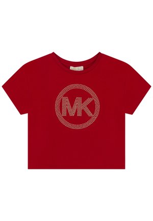 Rød kortærmet T-shirt med rund halsudskæring og krystaldækket MK-logo indeni en cirkel midt foran.
