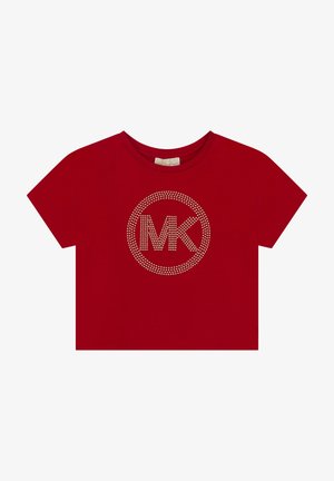 Rotes kurzärmeliges Crop-T-Shirt mit Rundhalsausschnitt und kristallbesetztem MK-Logo in einem Kreis in der Mitte vorne.