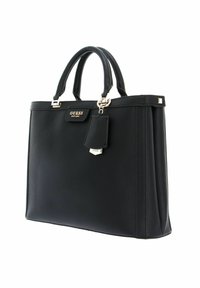 Borsa nera in similpelle con doppi manici, accessori in oro, design strutturato e etichetta rimovibile con il logo del marchio.