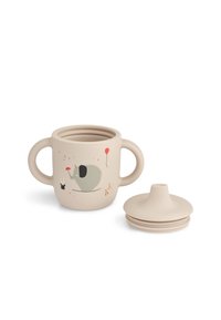 Beige silikonmugg med två handtag, prydd med en tecknad elefant, ballonger och en kanin. Inkluderar ett matchande, avtagbart lock.