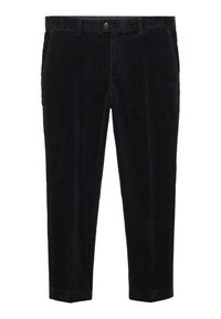 Pantaloni in corduroy neri con design a gamba dritta. Presentano una chiusura con un solo bottone e tasche frontali. Notevoli per la loro texture a coste.