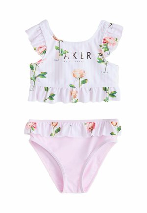Girls’ two-piece swimsuit with pale pink floral pattern, ruffled sleeves and hem, featuring "BAKER by T. Baker" text on top.