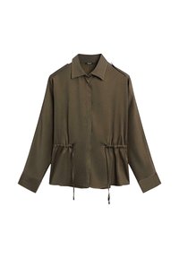 Veste chemise olive en tissu lisse, dotée d'un col, de manches longues et de cordons ajustables à la taille.
