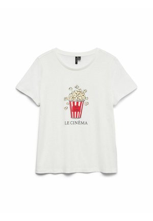 Witte katoenen t-shirt met een grafisch ontwerp van een rode gestreepte popcornemmer en de tekst "LE CINÉMA" eronder. Korte mouwen en ronde hals.