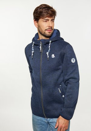 Navy zip-up hoodie van een gestructureerde stof, met een trekkoordcapuchon met patroon uiteinden, zijzakken en een logopatch op de mouw.