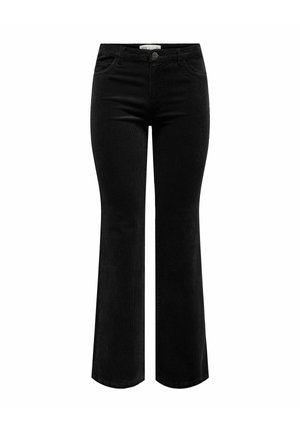 Svarta utsvängda jeans i denim; har fem fickor, knapp- och dragkedjestängning framtill samt en slät textur.