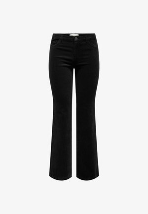 Svarta utsvängda jeans i denim; har fem fickor, knapp- och dragkedjestängning framtill samt en slät textur.