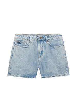 Lyseblå acid-wash denimshorts med knap- og lynlås lukning, forlommer, bæltestropper og let slidte detaljer.