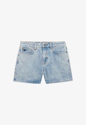 Jasnoniebieskie krótkie spodenki jeansowe acid-wash z zapięciem na guzik i zamek, przednimi kieszeniami, szlufkami na pasek oraz delikatnymi, przetartymi detalami.