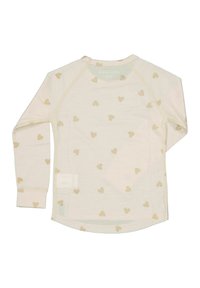 Pitkähihaisessa kermavärisessä paidassa on pehmeä tekstuuri, jossa on hajalleen aseteltu vaaleanbeige sydänkuvio ja kaareva helma.