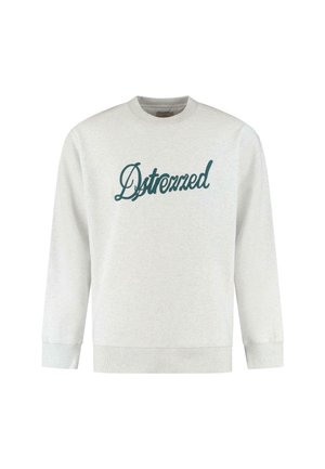 Jasnoszara bluza z okrągłym dekoltem, długimi rękawami, ściągaczami i stylizowanym na ciemnozielono logo "Dstrezzed" z przodu.
